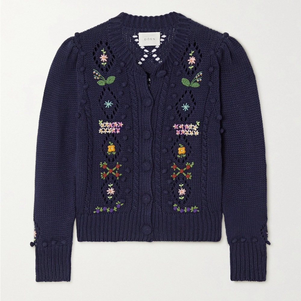 ✨💙DÔEN ‘Forget Me Not’ Embroidered Cable Knit Cardigan Sweater Navy XS - Picture 14 of 14